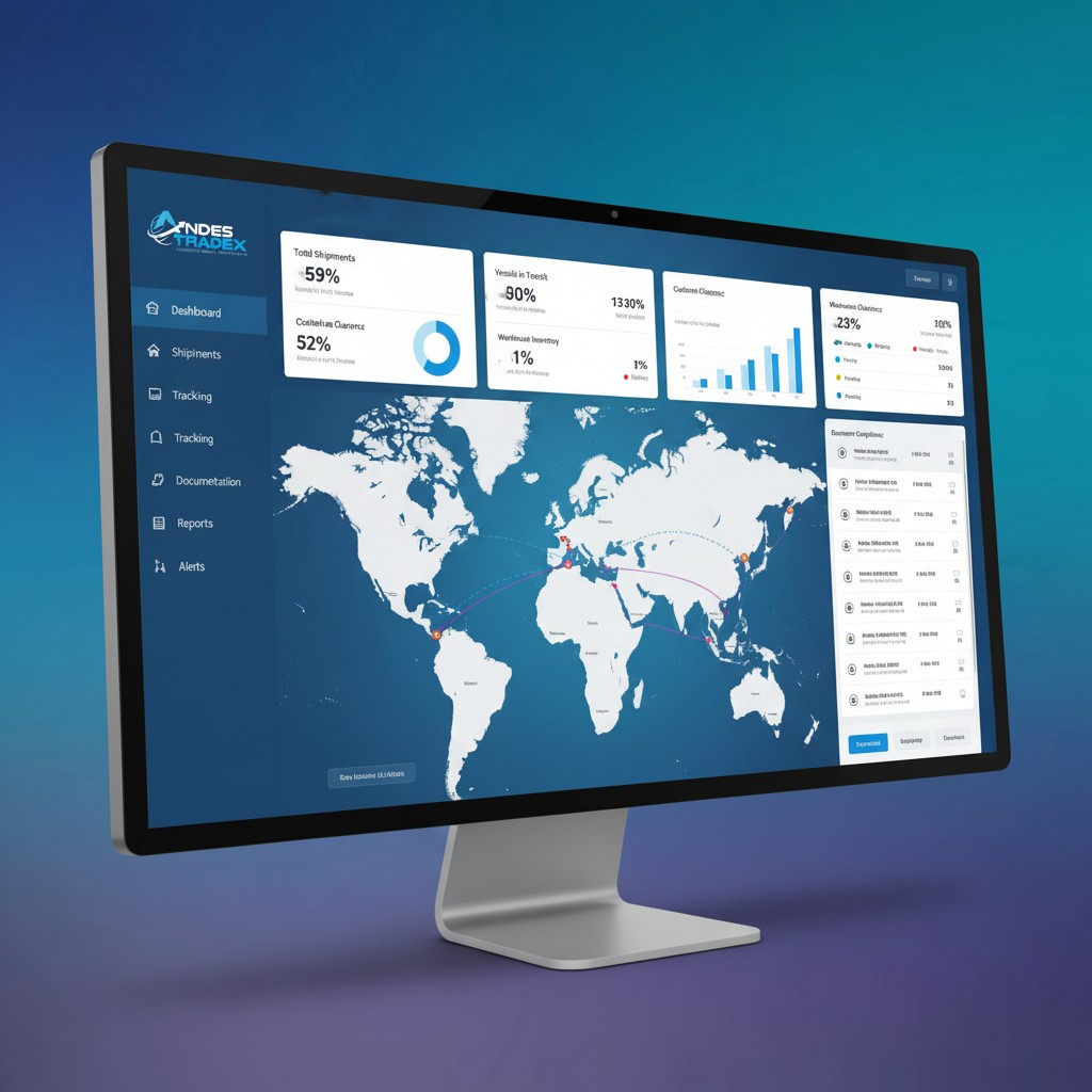 Dashboard de torre de control logística de Andes Tradex que contrasta el rol del forwarder con una operación con visibilidad total en la cadena de suministro